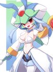  1girl absurdres animal_ears blush breasts cleavage crotch_plate green_hair helmet highleg highleg_panties highres holding holding_staff looking_at_viewer medium_breasts mega_man_(series) mega_man_zx pandora_(mega_man) panties rabbit_ears red_eyes revealing_clothes solo staff tagme underwear zerokun135 