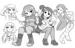  2girls burger closed_mouth dagger drumsticks food freckles full_body greyscale guitar holding holding_dagger holding_drumsticks holding_food holding_guitar holding_instrument holding_knife holding_weapon hone_(honesk1) instrument jacket kim_pine knife knives_chau long_scarf looking_at_viewer monochrome multiple_girls multiple_views scarf scott_pilgrim_(series) scott_pilgrim_takes_off shoes short_hair simple_background sitting skirt smile solid_oval_eyes striped striped_scarf weapon white_background 