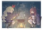  2girls ahoge azur_lane blonde_hair blue_bow blue_bowtie blue_skirt border bow bowtie campfire camping chair character_name commission cooking cooking_pot crown dress forest from_side grey_jacket highres holding_lid jacket jenkins_(azur_lane) jersey_(azur_lane) long_hair long_sleeves mini_crown minmin_(neko4339) multiple_girls nature outside_border red_eyes red_hair sitting skeb_commission skirt steaming_food tree white_border white_dress wooden_chair yellow_eyes 