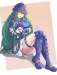  1girl aqua_hair armor ass blue_footwear blue_headwear boots border breasts brown_background character_doll detached_sleeves english_commentary eyelashes fire_emblem fire_emblem:_path_of_radiance full_body gold_trim green_eyes helmet highres holding holding_stuffed_toy ike_(fire_emblem) knee_boots long_hair nephenee_(fire_emblem) rinku_bny signature skirt solo stuffed_toy white_border white_skirt 