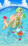  aji_nori bad_id bad_pixiv_id between_toes bikini blue_eyes cloud day elchi_cargo feet flower foot_hold frilled_bikini frills green_hair hair_flower hair_ornament hibiscus knees long_legs petals sentou_mecha_xabungle sky solo swimsuit water 