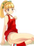  android ass bad_id bad_pixiv_id blonde_hair blue_eyes blush dress dress_lift flat_chest long_hair masao no_panties ponytail red_skirt rockman rockman_(classic) roll sitting skirt smile solo 
