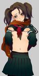  androgynous axis_powers_hetalia bad_id bad_pixiv_id black_legwear blush brown_eyes brown_hair china_(hetalia) crossdressing embarrassed forehead highres hyakkimaru_(100mani) male_focus navel nipples otoko_no_ko pantyhose pleated_skirt scarf school_uniform serafuku shirt_lift short_twintails skirt solo sweatdrop twintails 