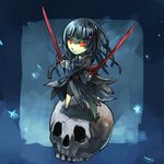  black_hair chibi dual_wielding glowing glowing_eyes holding japanese_clothes orange_eyes pixiv_frontier skull solo sword weapon yamaada 