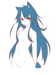  animal_ears bad_id bad_pixiv_id blue_hair blush brown_eyes copyright_request flat_color kazami_ryouya long_hair nude simple_background sketch solo tail 
