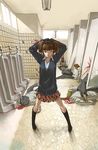 arms_behind_head arms_up bad_id bad_pixiv_id blood blue_eyes brown_hair corpse legs long_hair original s_kengo school_uniform skirt solo standing toilet twintails 