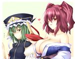  alcohol breasts bust_cup cleavage cup green_hair hair_bobbles hair_ornament hat highres large_breasts medium_breasts multiple_girls one_eye_closed onozuka_komachi red_eyes red_hair rod_of_remorse sakazuki sake shiki_eiki short_hair touhou two_side_up yellow_eyes yui.h yuri 