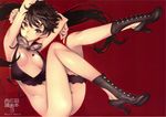  armpits arms_up black_hair boots bottomless bra breasts cleavage cover doujinshi goggles goggles_around_neck head_tilt high_heels highres leg_garter legs_up lingerie long_hair medium_breasts nishieda no_bra original pink_eyes pubic_hair shoes sitting solo star tattoo twintails underwear 