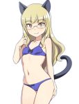  1girl animal_ears bikini blonde_hair blue_bikini blush bow_bikini breasts cat_ears cat_tail closed_mouth eyebrows eyebrows_visible_through_hair groin hand_on_thigh long_hair looking_at_viewer monochrome_background nanashino navel perrine_h_clostermann shiny shiny_hair shiny_skin simple_background small_breasts smile solo strike_witches swimsuit swimwear tail white_background world_witches_series yellow_eyes 