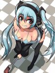  1girl aqua_hair bra checkered checkered_floor eyebrows_visible_through_hair from_above grin hair_between_eyes hatsune_miku headphones highres long_hair microphone microphone_stand musical_note off_shoulder panties smile solo straddling striped striped_bra striped_panties thighhighs twintails underwear very_long_hair vocaloid 