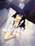  absurdres bed black_eyes black_hair breasts caucasus cleavage dress_shirt from_above glasses highres large_breasts long_hair looking_up nanatsuki_ai no_bra open_clothes open_shirt panties pillow shirt solo sugina_miki underwear wavy_hair white_panties 