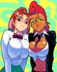  breasts cleavage crimson_viper crossover dark_skin glasses k_t_(burugariya) large_breasts lips momote_yaiko multiple_girls pompadour red_eyes red_hair street_fighter taizou_mote_king_saga 