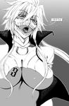  arrancar bangs bleach bone breasts covered_nipples crossed_bangs dark_skin espada eyelashes greyscale hair_between_eyes hair_over_breasts hair_tubes hanzaki_jirou large_breasts lips long_hair looking_at_viewer midriff monochrome open_clothes open_mouth revealing_clothes sidelocks solo tattoo teeth tier_harribel tongue twintails underboob unzipped upper_body wind 