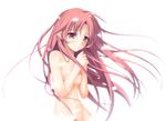  feathers hands_clasped kazami_fukashido long_hair nude original own_hands_together pink_eyes pink_hair solo 