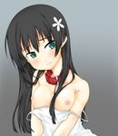  bad_id bad_pixiv_id black_hair blush breasts collar dress_pull flower green_eyes hair_flower hair_ornament itou_ayachi long_hair medium_breasts nipples saten_ruiko solo strap_slip to_aru_kagaku_no_railgun to_aru_majutsu_no_index wavy_mouth 