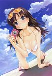  :o absurdres all_fours arm_support beach bikini blush breast_squeeze breasts brown_hair camera cleavage cloud day eyewear_on_head happoubi_jin highres iseshima_aya large_breasts outdoors sandals sky solo strap_gap sunglasses swimsuit zettai_shougeki 