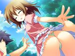  1girl ass blush brown_hair character_request closed_eyes daiuchuu_no_hokori game_cg panties short_hair skirt skirt_lift tears thong underwear yuuki_hagure 