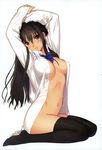  absurdres arms_up black_hair bottomless bow breasts copyright_request highres large_breasts legs lips long_hair long_legs naked_shirt navel no_bra no_panties open_clothes open_shirt shirt smile socks solo tanaka_takayuki thighhighs 