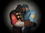  gradient gradient_background interracial kiss male_focus multiple_boys parody skin_contrast team_fortress_2 the_demoman the_soldier yaoi 