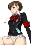 armband blush brown_hair female_protagonist_(persona_3) hair_ornament hairclip kansuke persona persona_3 persona_3_portable red_eyes simple_background solo sweat 