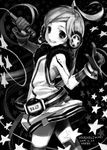  ahoge android bad_id bad_pixiv_id dress gloves greyscale legs long_hair looking_back microphone monochrome nakbe sf-a2_miki smile solo striped striped_legwear thighhighs very_long_hair vocaloid 