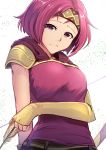  1girl arrow bow_(weapon) closed_mouth fingerless_gloves fire_emblem fire_emblem:_seima_no_kouseki gloves headband highres holding_arrow nakabayashi_zun neimi nintendo pink_eyes pink_hair short_hair simple_background sleeveless solo tearing_up upper_body weapon white_background 