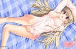  areolae bed blonde_hair blush bottomless breasts clarissa_satsuki_maezono covering hair_ribbon highres honeycoming_royalsweet jpeg_artifacts large_breasts legs long_hair lying matsushita_makako no_bra on_back open_mouth pink_eyes plaid rakko_(makarakko) ribbon solo very_long_hair 