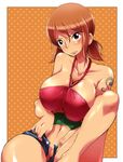  bad_id bad_pixiv_id bare_shoulders breast_squeeze breasts brown_eyes brown_hair cleavage denim denim_shorts halter_top halterneck huge_breasts hun nami_(one_piece) navel one_piece one_piece:_strong_world short_twintails shorts solo tattoo twintails unzipped 
