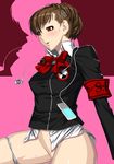  armband blush brown_hair female_protagonist_(persona_3) hair_ornament hairclip kansuke persona persona_3 persona_3_portable red_eyes solo sweat sweatdrop 