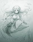  armlet bad_id bad_pixiv_id bracelet breasts circlet fins fish floating_hair head_fins highres jewelry large_breasts long_hair mermaid monochrome monster_girl navel necklace nipples nude original scales sketch solo swimming tafuto 