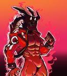  1boy absurdres aura clenched_hand dark_persona dragon_install fire glowing glowing_eyes guilty_gear guilty_gear_xrd headband helmet highres ionicisaac jacket male_focus manly muscle open_clothes open_hand open_jacket ponytail red_background sol_badguy solo winged_helmet 