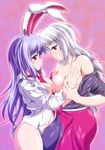  animal_ears arm_grab bare_shoulders between_breasts blue_eyes braid breast_grab breasts bulge bunny_ears erection erection_under_clothes futa_with_female futanari grabbing hat large_breasts long_hair multiple_girls necktie no_bra penis purple_hair red_eyes reisen_udongein_inaba shirt silver_hair touhou uni-corn when_you_see_it white_shirt yagokoro_eirin 