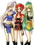  alternate_costume bad_id bad_pixiv_id bare_shoulders bra bra_strap breasts c.c. cleavage code_geass crossed_arms dark_skin green_eyes green_hair hat headdress kainesato kallen_stadtfeld large_breasts lingerie long_hair midriff multiple_girls navel ponytail red_hair ribbon short_hair shorts shoulder_pads silver_hair skirt sleeveless underwear villetta_nu yellow_eyes 