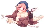  1girl :o animal_ears ass bare_legs barefoot blush breasts collarbone eyebrows_visible_through_hair head_scarf japanese_clothes large_breasts looking_at_viewer lying magenta_eyes mystia_lorelei no_bra non_(z-art) okamisty on_stomach open_clothes open_mouth panties panty_pull pink_hair ribbon sash simple_background solo touhou underwear untied white_background wings 