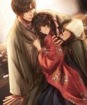  1boy 1girl arm_support black_hair black_hakama bow brown_hakama clothes_grab crying crying_with_eyes_open floral_print glass_shards glasses hair_bow hakama hug indoors izumi_(stardustalone) japanese_clothes kimono long_hair looking_at_another original parted_lips pink_bow red_kimono renri_no_chigiri_wo_kimi_to_shiru round_eyewear sitting tears wide_sleeves 