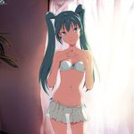  aqua_eyes aqua_hair bra breasts hands hatsune_miku jpeg_artifacts lingerie long_hair looking_away navel see-through see-through_silhouette shiika_sadamasa skirt small_breasts smile solo steepled_fingers strapless strapless_bra thigh_gap tsurime twintails underwear vocaloid 