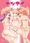  ass back barefoot bikini blonde_hair blush breasts dimples_of_venus flat_chest fresh_precure! frilled_bikini frills heart heart_hands higashi_setsuna highres leg_lift legs long_hair looking_back medium_breasts micro_bikini momozono_love multiple_girls orange_hair partially_visible_vulva precure purple_hair red_eyes short_hair sideboob small_breasts smile swimsuit thigh_gap thong_bikini twintails underboob yamabuki_inori yamashita_kurowo yellow_eyes 