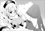  bespectacled glasses greyscale hat kurot long_hair monochrome solo thighhighs touhou wrist_cuffs yagokoro_eirin 