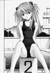  greyscale highres izurumi long_hair monochrome narrow_waist neon_genesis_evangelion one-piece_swimsuit school_swimsuit sitting solo souryuu_asuka_langley swimsuit 