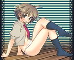  ahoge arm_support blush brown_eyes brown_hair crossed_legs dream_c_club dream_c_club_(series) feet glasses highres nao_(dream_c_club) navel necktie no_pants open_clothes open_shirt panties shirt short_hair sitting skindentation socks solo underwear yuuki_keisuke 