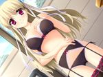  black_bra black_legwear black_panties blonde_hair blush bow bow_bra bra breasts clarissa_satsuki_maezono cleavage dutch_angle game_cg garter_belt hair_ribbon honeycoming_royalsweet lace large_breasts lingerie long_hair lowleg lowleg_panties matsushita_makako panties pink_eyes rakko_(makarakko) ribbon side-tie_panties smile solo thighhighs underwear underwear_only 