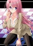  breasts cleavage dream_c_club dream_c_club_(series) glasses kneeling large_breasts long_hair noritama_(gozen) pantyhose pink_hair purple_eyes rui_(dream_c_club) solo 