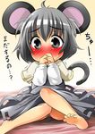  aki_(akikaze_asparagus) animal_ears barefoot bed_sheet blush chibi covering_mouth feet grey_eyes grey_hair highres mouse_ears mouse_tail nazrin panties pantyshot pantyshot_(sitting) sitting solo striped striped_panties sweatdrop tail touhou translated trembling underwear 