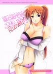  bra breast_hold breasts brown_hair cleavage huge_breasts indigorabbit lace lace-trimmed_bra lingerie lyrical_nanoha mahou_shoujo_lyrical_nanoha_strikers navel panties panty_pull ponytail purple_eyes pussy_juice solo takamachi_nanoha underwear 