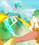  2girls amamiya_erena blue_hair blue_legwear blue_skirt blue_sky bubble_skirt closed_mouth cloud cure_milky cure_soleil dark_skin day earrings eyes_closed forest full_body hagoromo_lala hair_ornament haruyama_kazunori jewelry magical_girl multiple_girls nature outdoors pantyhose precure short_hair single_thighhigh skirt sky star star_earrings star_hair_ornament star_twinkle_precure thighhighs thighs 