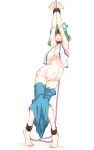  1girl armpits arms_up barefoot bdsm belt blindfold blue_dress blush bondage bound bound_ankles bound_wrists breasts chains choker dress dress_pull erect_nipples frog_hair_ornament full_body green_eyes hair_ornament highres kochiya_sanae large_breasts navel neck_belt no_bra non_(z-art) open_clothes open_mouth panties simple_background skindentation snake solo tiptoes touhou underwear white_background white_panties white_snake 