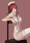  armpits bare_shoulders bottomless breasts hands headphones holding holding_panties large_breasts lips original paku panties red_hair shirt sitting solo thighhighs tied_shirt underboob underwear white_legwear 