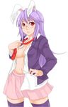  animal_ears bespectacled breasts bunny_ears cleavage glasses groin highres itsuki_(nanairo_megane) long_hair medium_breasts open_clothes open_shirt purple_hair red_eyes reisen_udongein_inaba shirt solo thighhighs touhou zettai_ryouiki 
