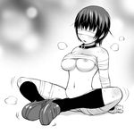  bandages blindfold breasts butterfly_sitting collar greyscale kneehighs large_breasts matsui_celine monochrome navel nude original short_hair solo sweat underboob 