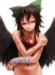  bad_id bad_pixiv_id bandages black_hair bow eyes face green_bow hair_bow kurione_(zassou) long_hair nude red_eyes reiuji_utsuho scar solo stitches touhou wings 